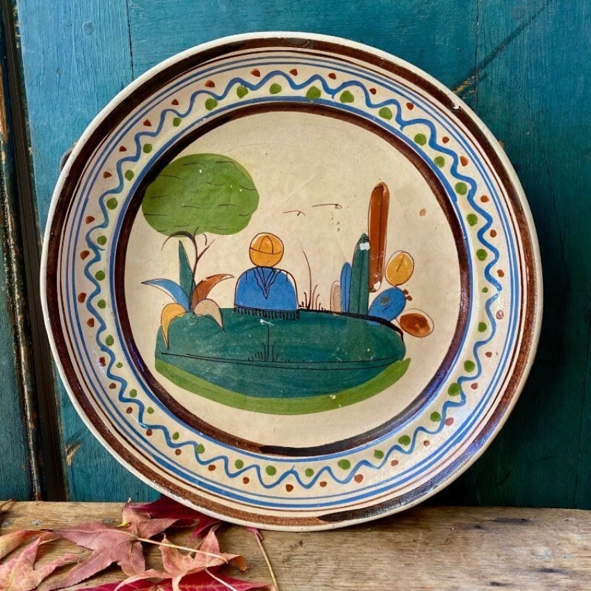 Old Mexico Terracotta Pottery Charger Hand Painted Bird - Yourgreatfinds