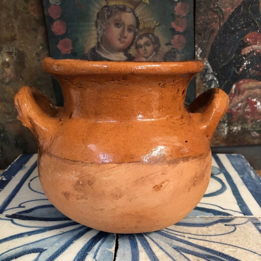 Vintage Large Mexican Terracotta Bean Pot Hand Painted with Spelling Error