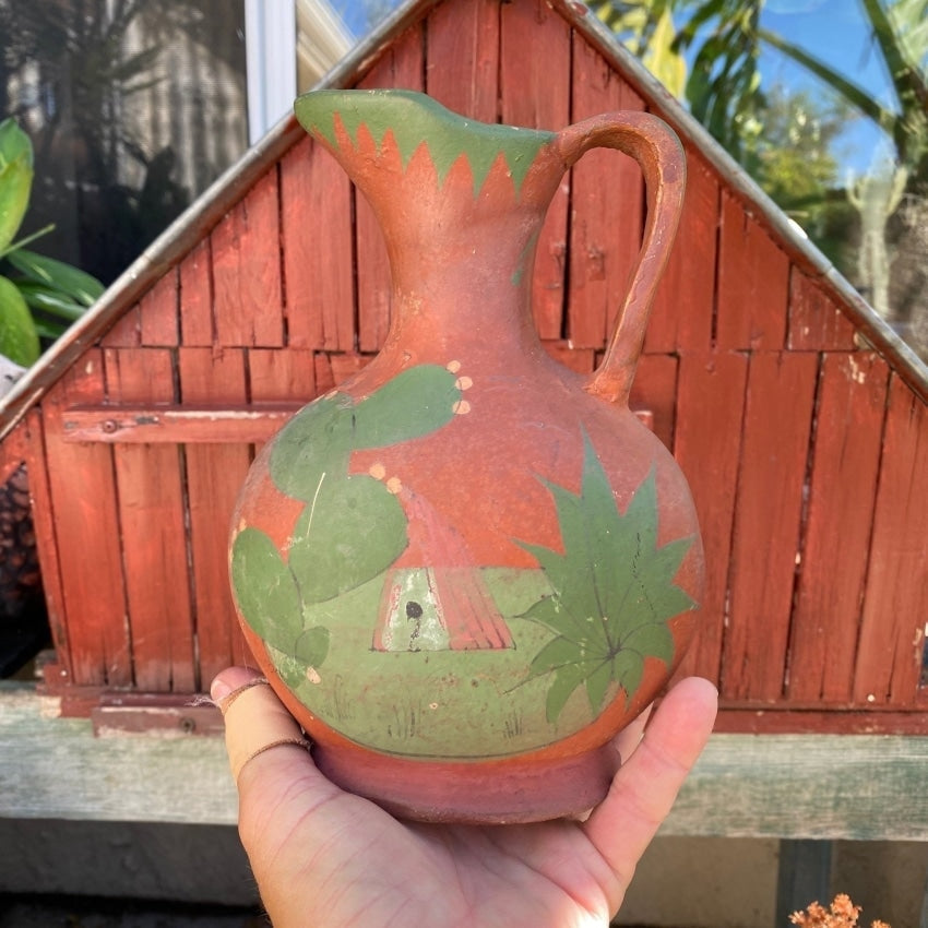 Vintage Large Mexican Terracotta Bean Pot Hand Painted with Spelling Error