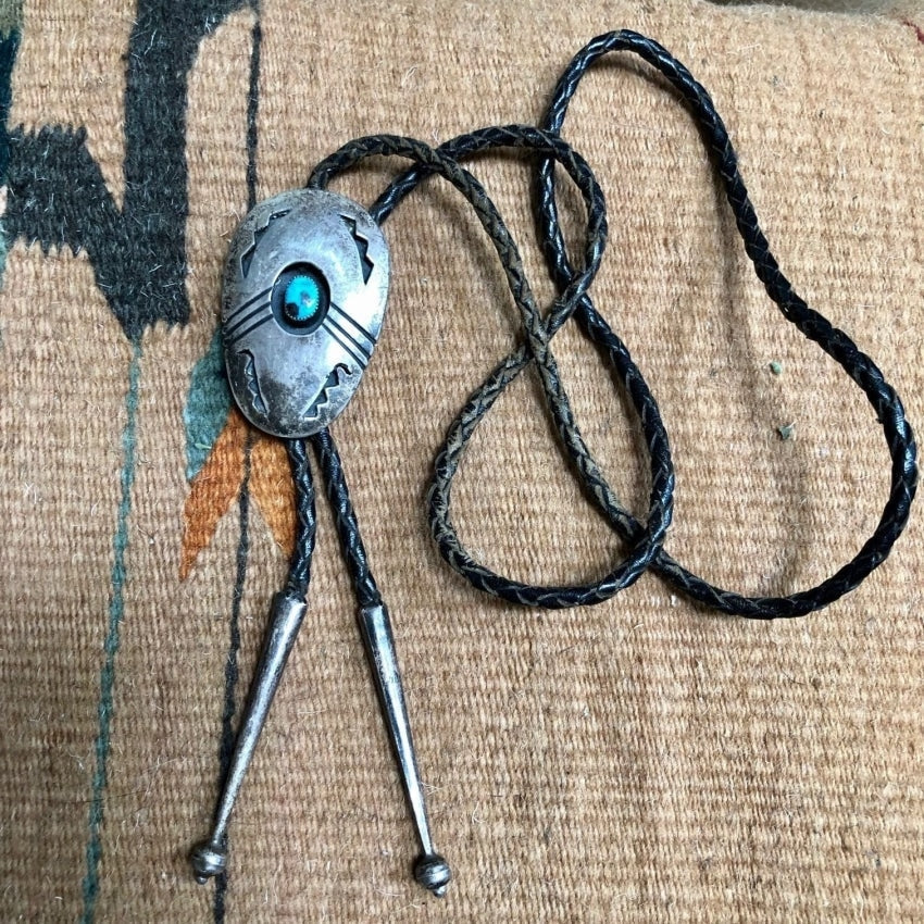 Vintage 925 Silver Bear Track Shadowbox Bolo Tie Turquoise - Yourgreatfinds