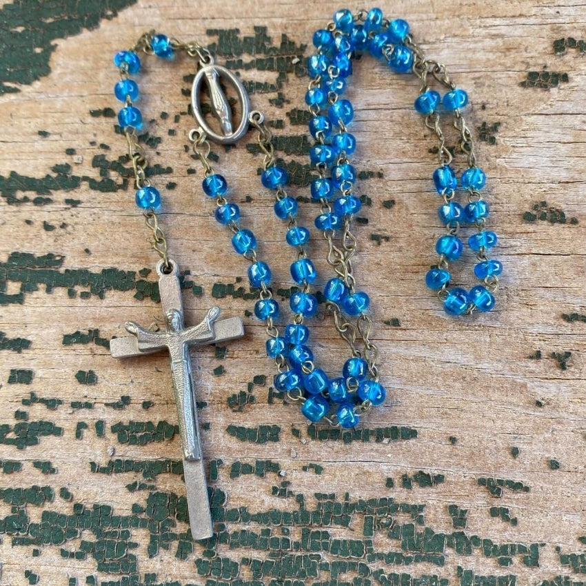 Vintage Italian Rosary with Blue Milk Glass Beads - Yourgreatfinds