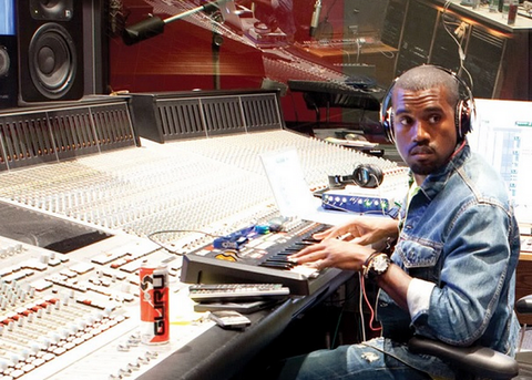 Kanye west in the studio producing music and sampling