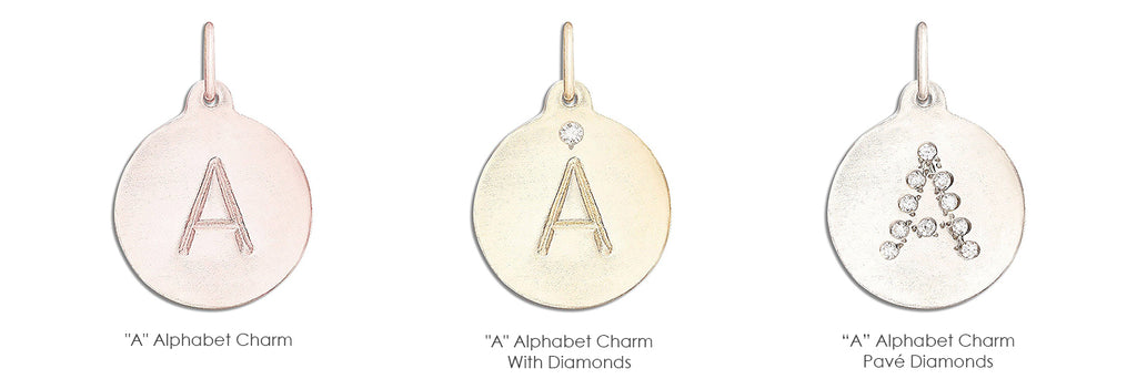 "A" Alphabet Charm. "A" Alphabet Charm With Diamond" "A" Alphabet Charm Pave Diamonds. Alphabet necklace get any letter or your initial on a 14k gold charm. 