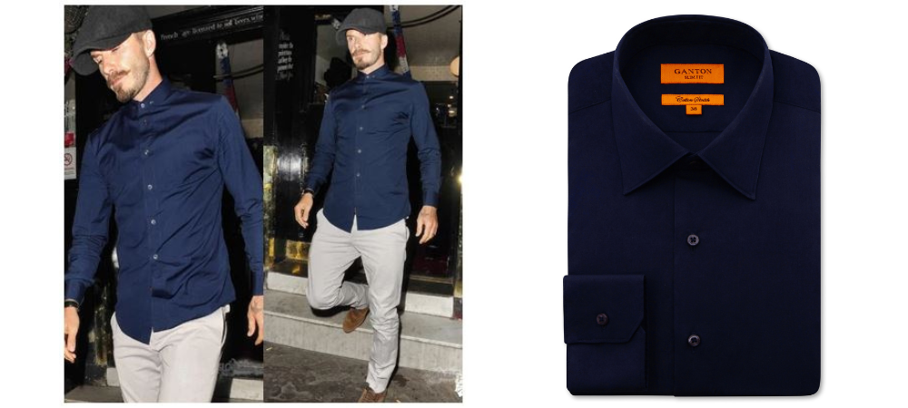 Navy blue shirt paired with chinos similar to David Beckham style