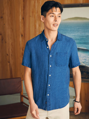 Short-Sleeve Palma Linen Shirt - Indigo Basketweave