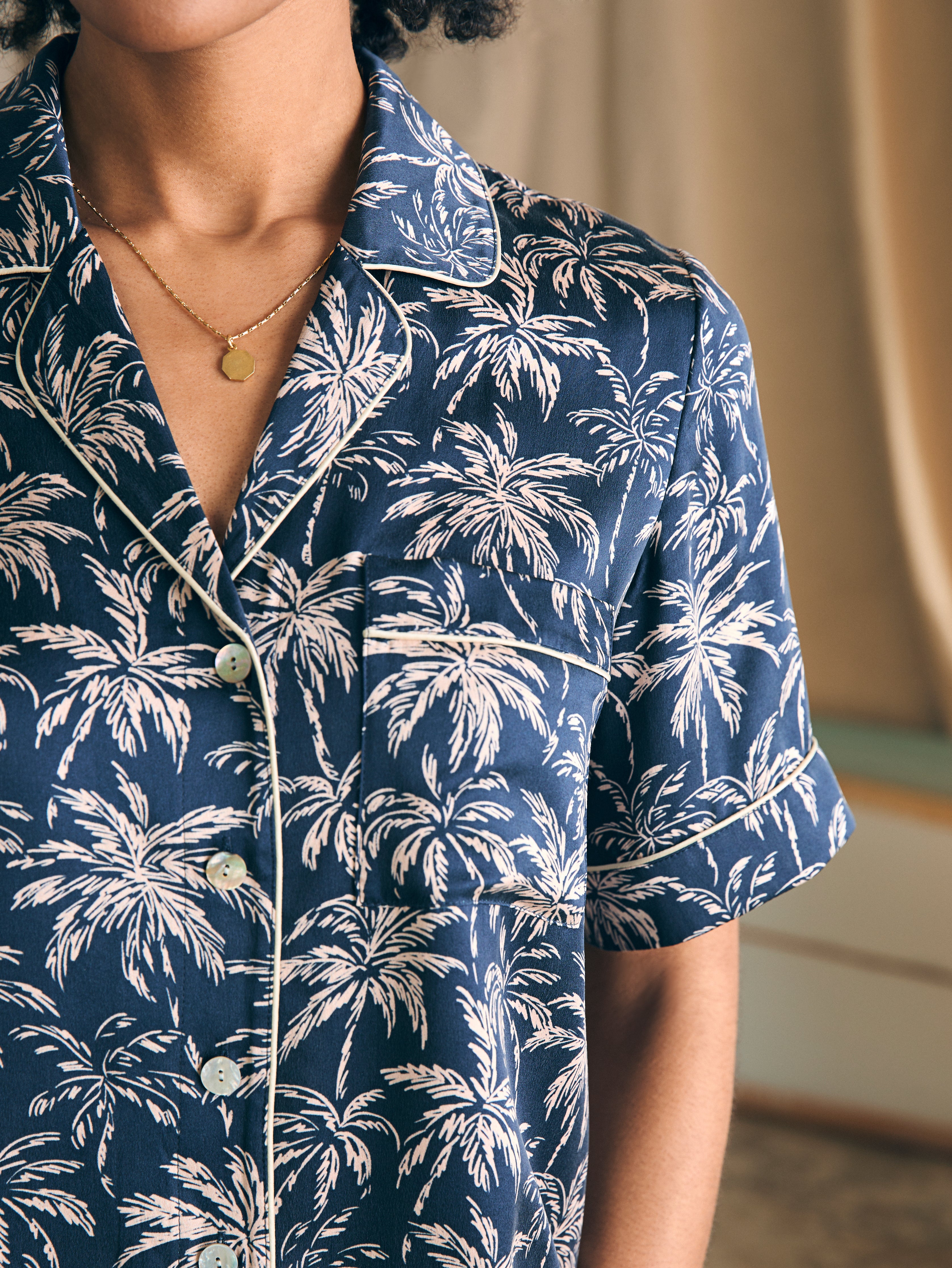 Shop Faherty Sandwashed Silk Short Sleeve Pajama Set In Navy Tropic Trees