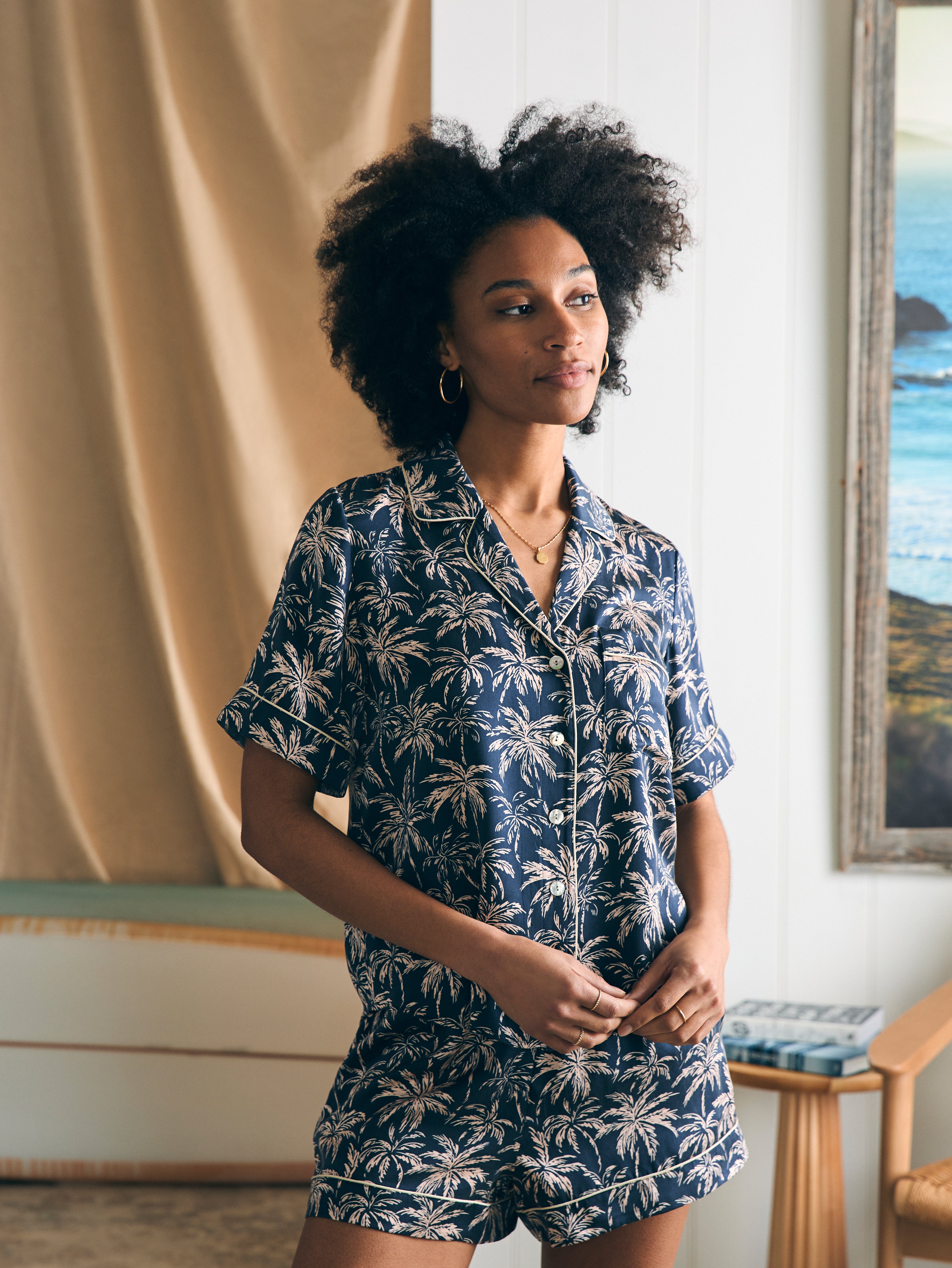 Shop Faherty Sandwashed Silk Short Sleeve Pajama Set In Navy Tropic Trees