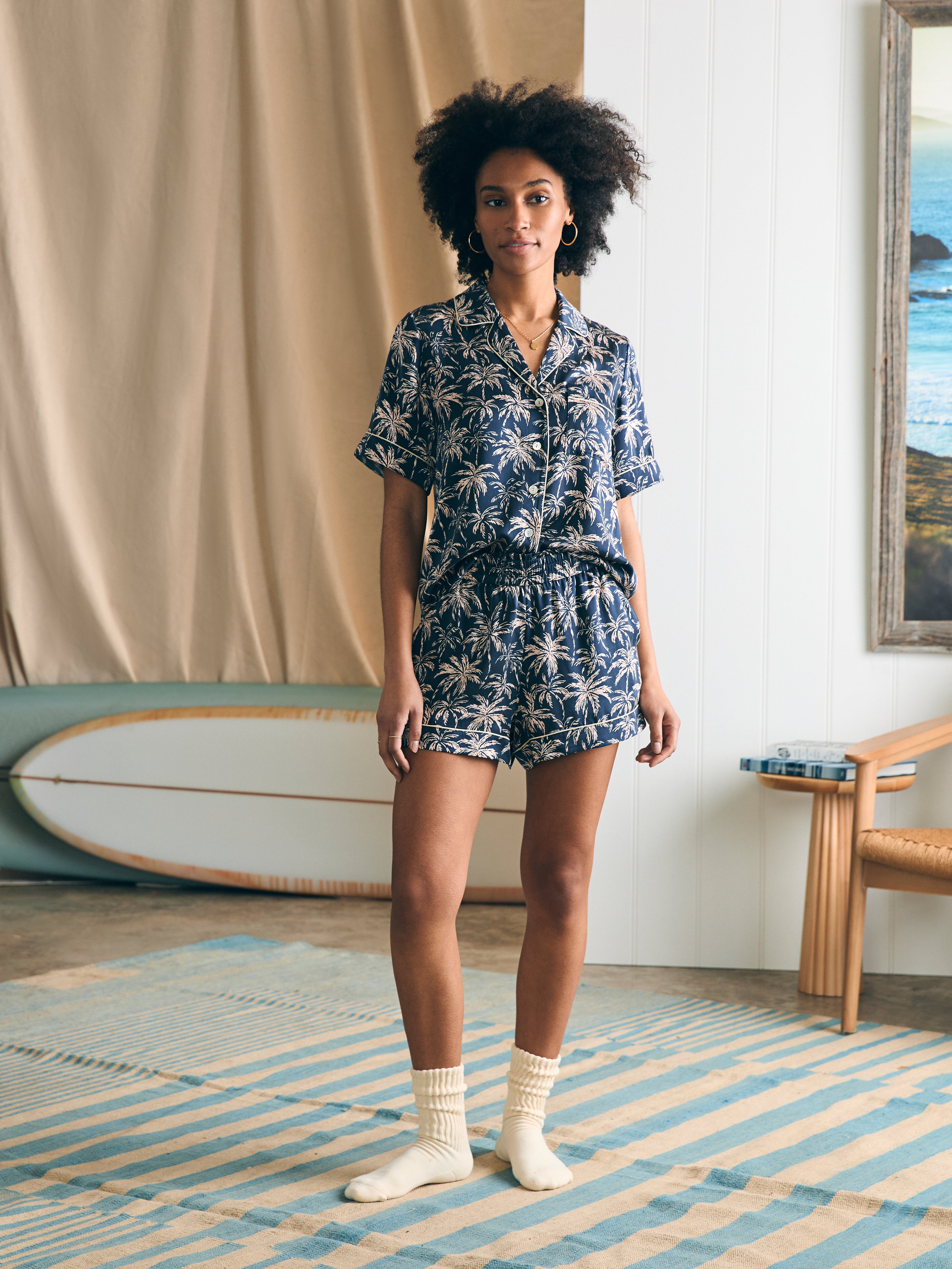 Shop Faherty Sandwashed Silk Short Sleeve Pajama Set In Navy Tropic Trees