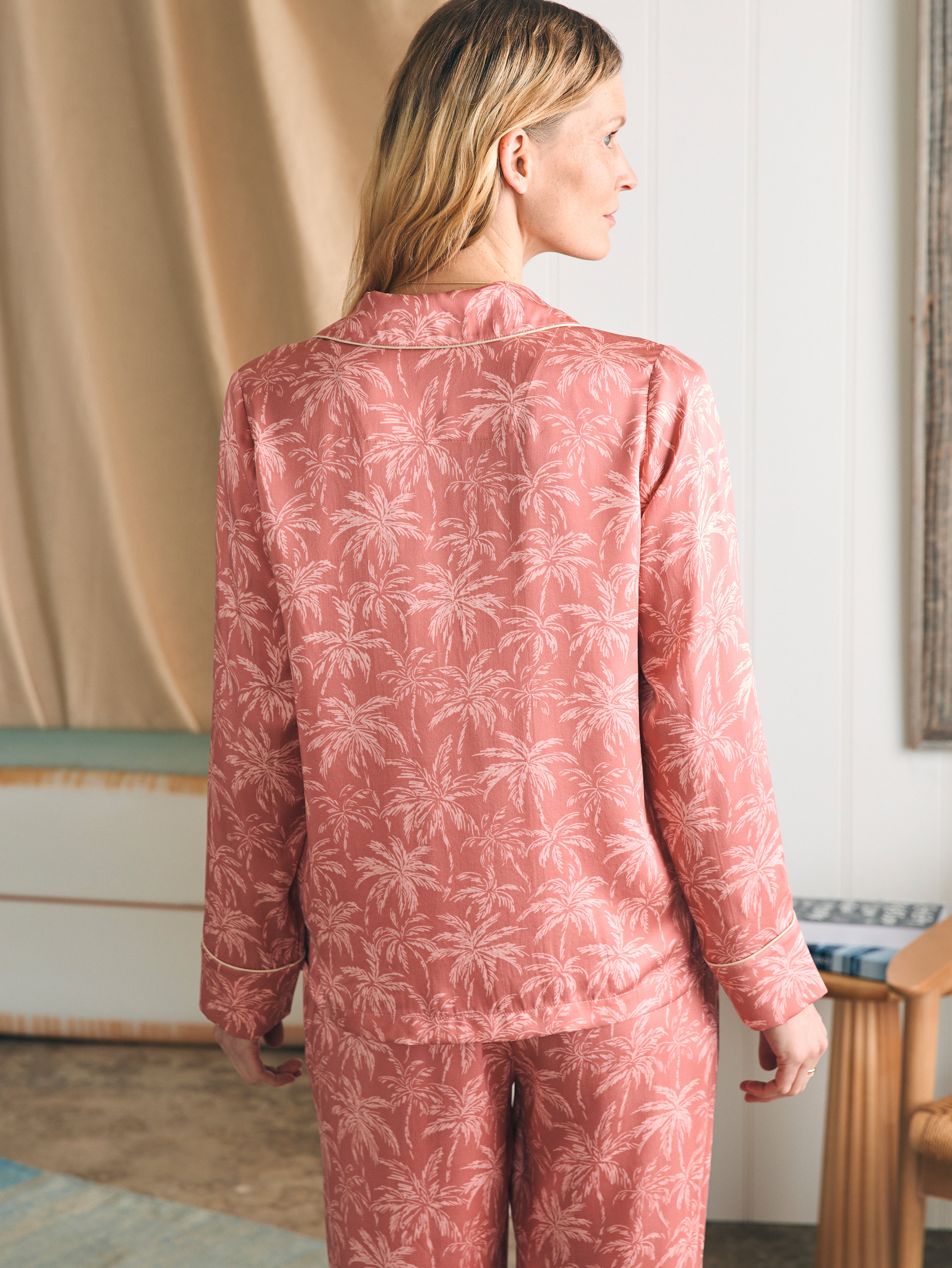 Shop Faherty Sandwashed Silk Long Sleeve Pajama Set In Rose Tropic Trees