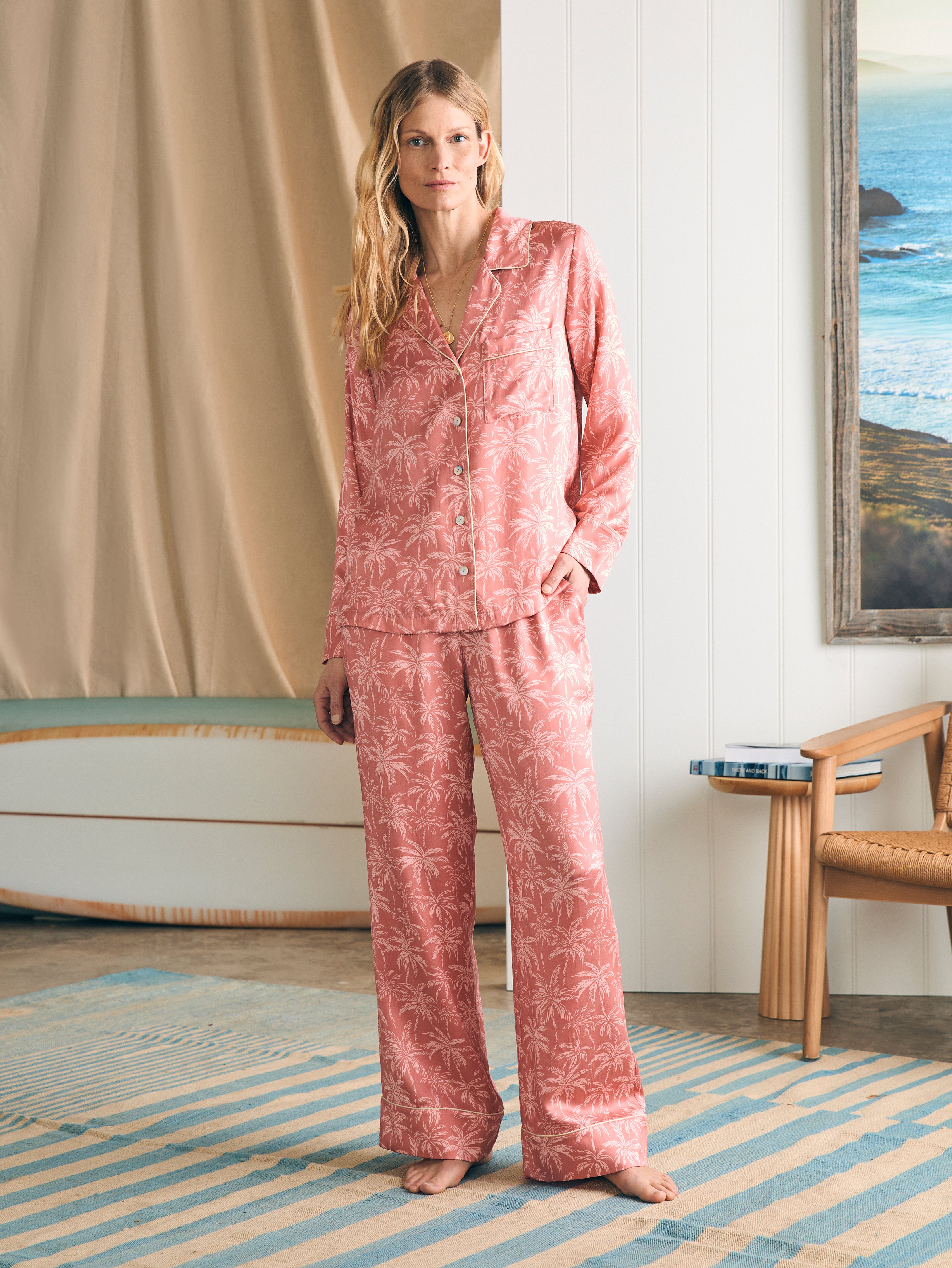 Shop Faherty Sandwashed Silk Long Sleeve Pajama Set In Rose Tropic Trees