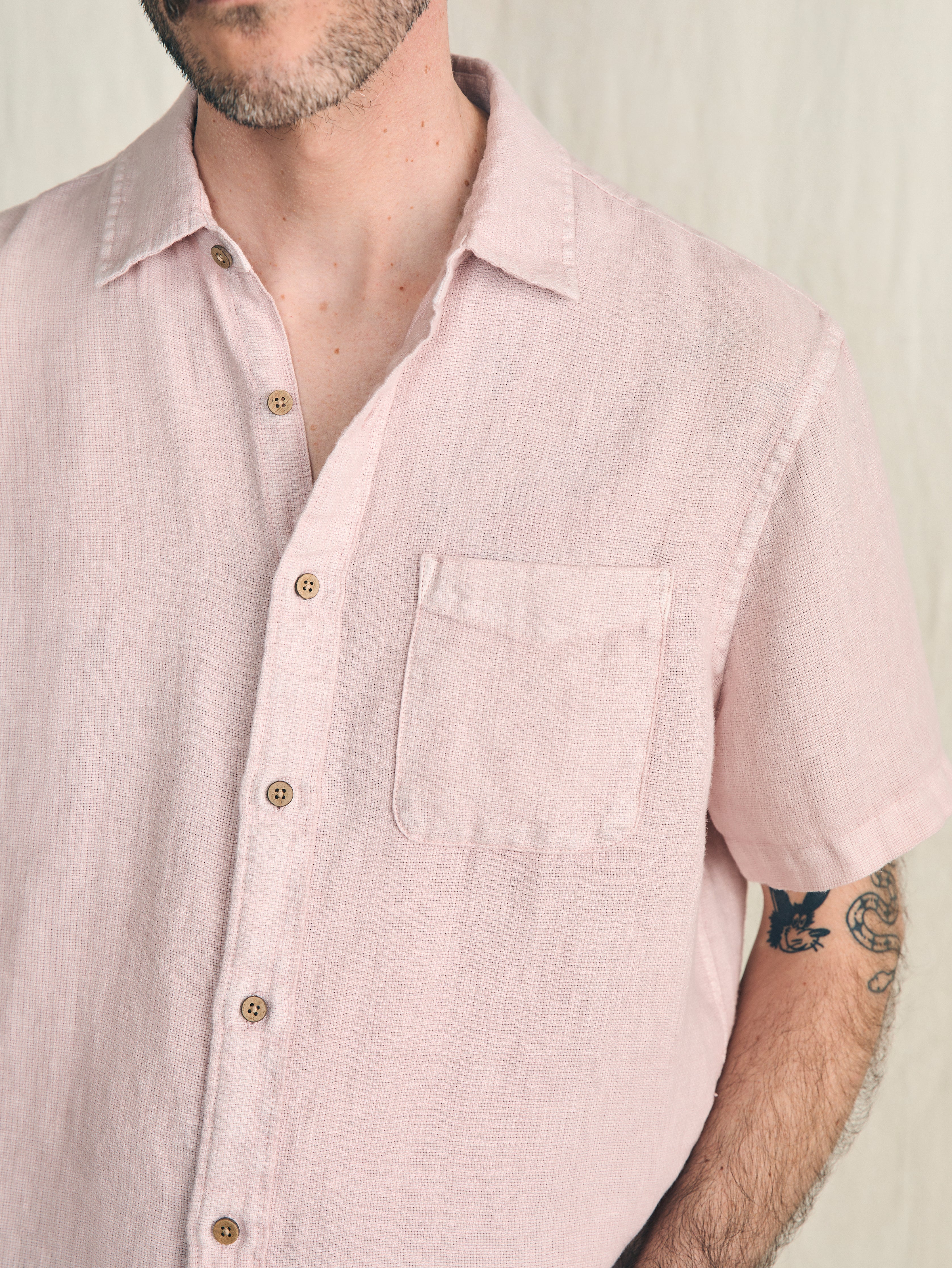 Shop Faherty Short-sleeve Palma Linen Shirt In Coastal Mauve