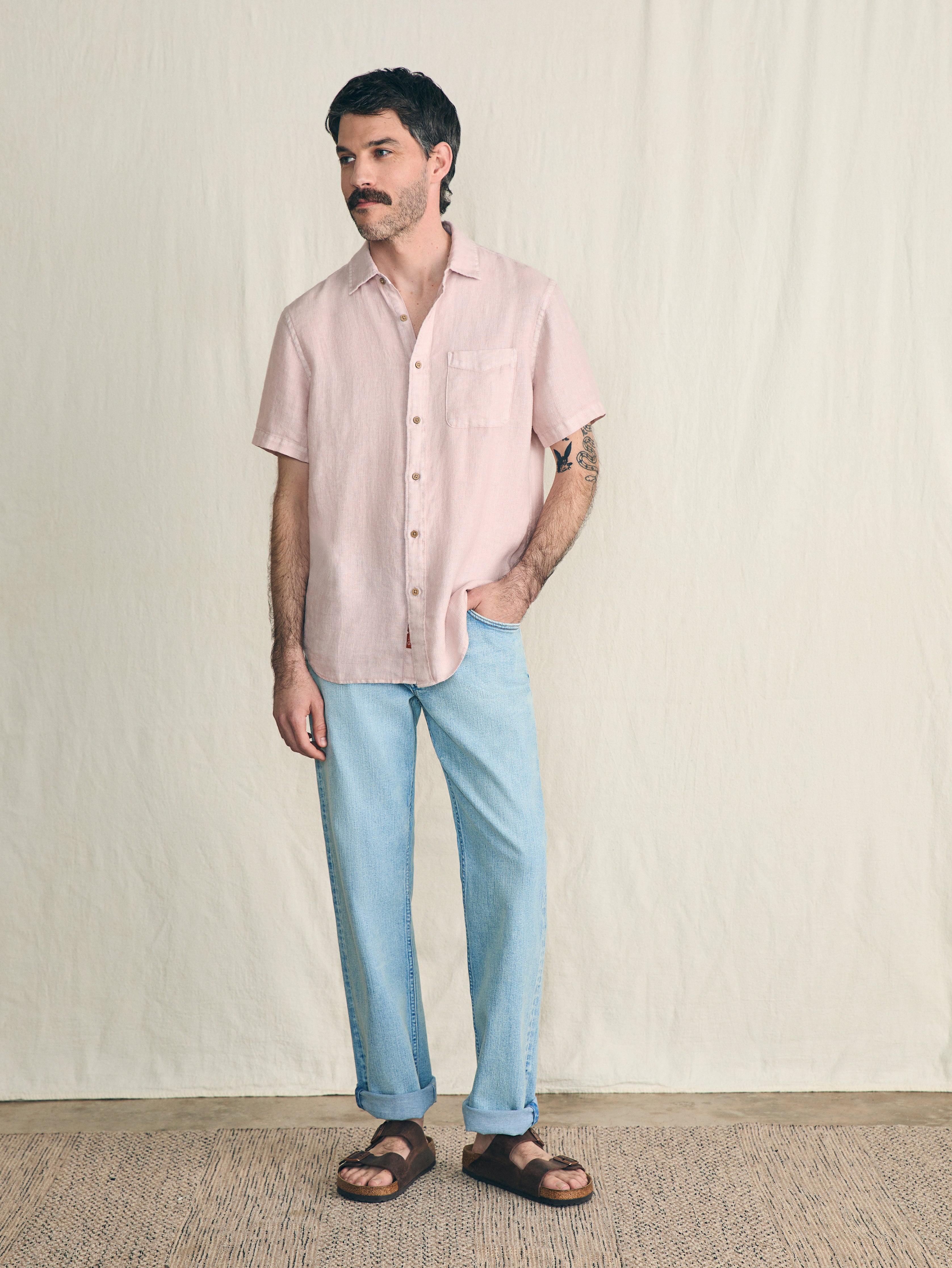 Shop Faherty Short-sleeve Palma Linen Shirt In Coastal Mauve