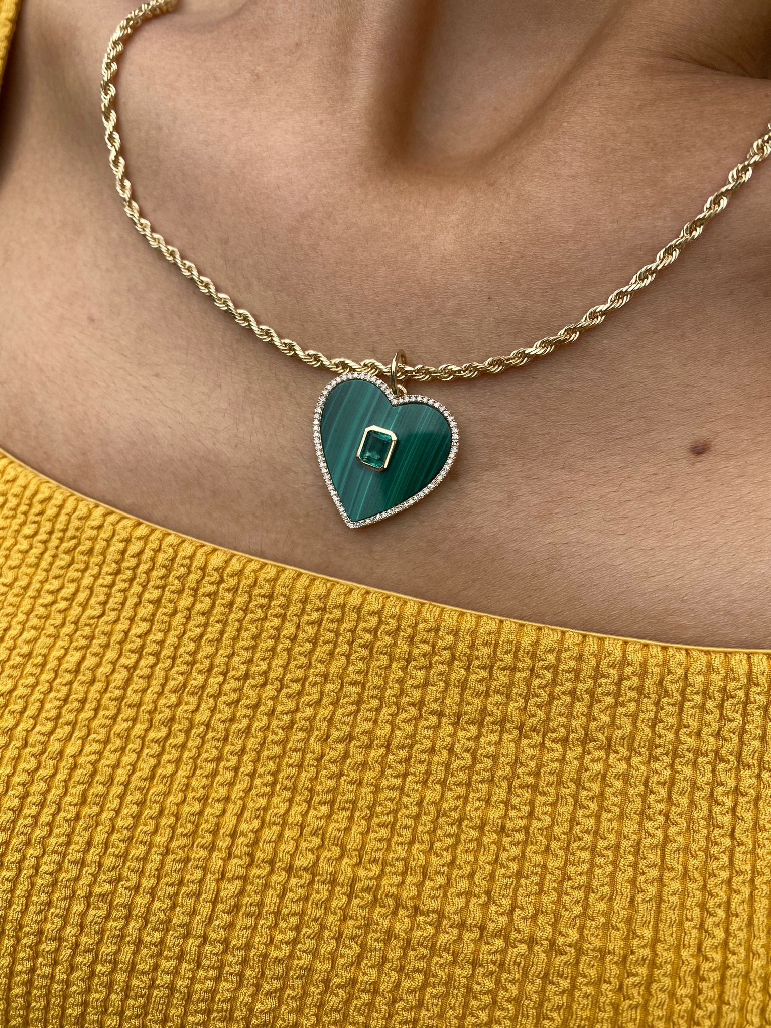 14K Yellow Gold Malachite Heart Charm with Bezel Emerald Center