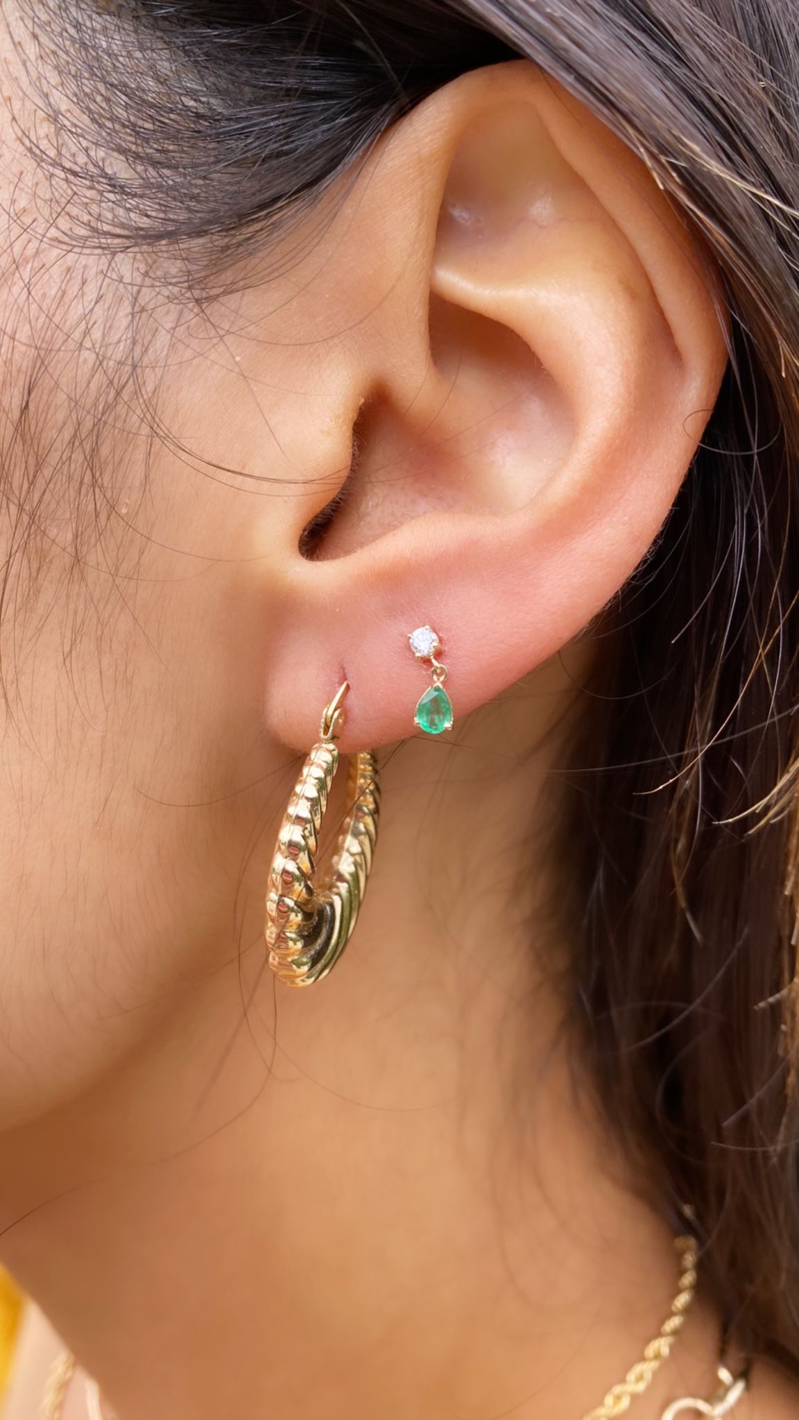 14K Yellow Gold Diamond and Emerald Pear Shaped Studs