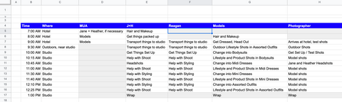 Excel file with hour by hour schedule for photo shoot