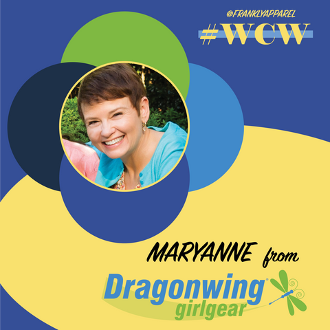 photo of MaryAnne with Dragonwing girlgear logo on a blue and yellow background.