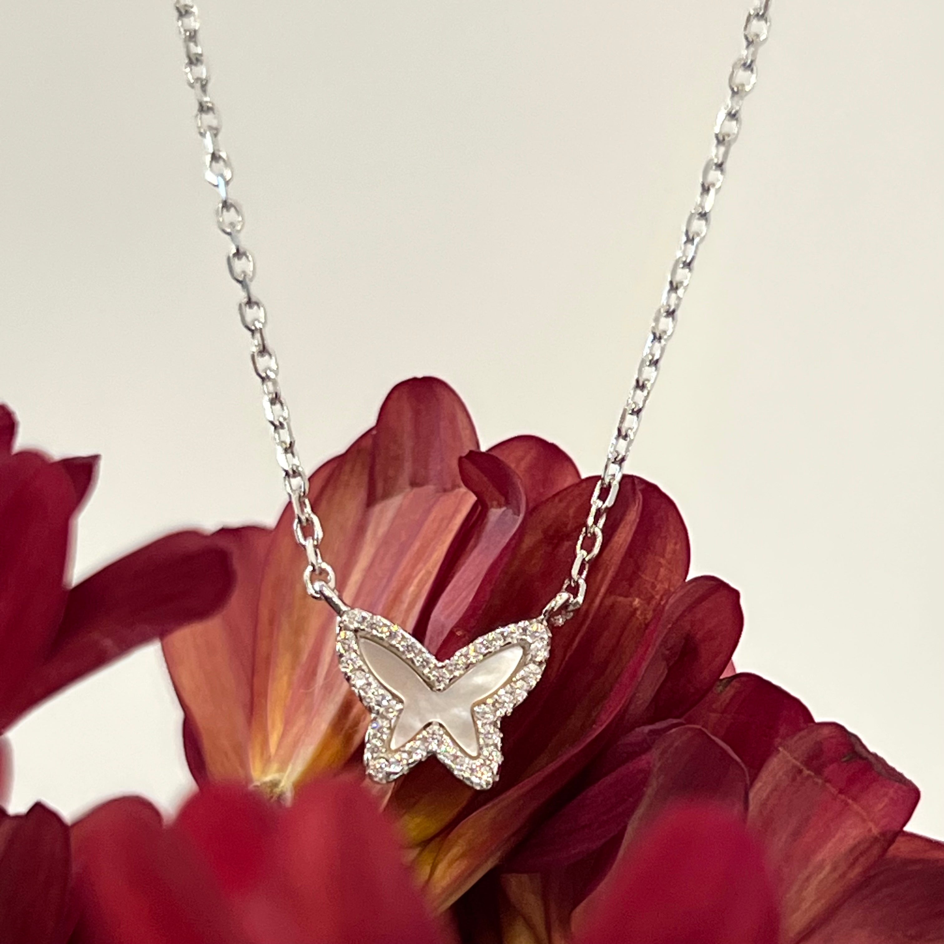 Silver Dainty Diamante Butterfly Necklace