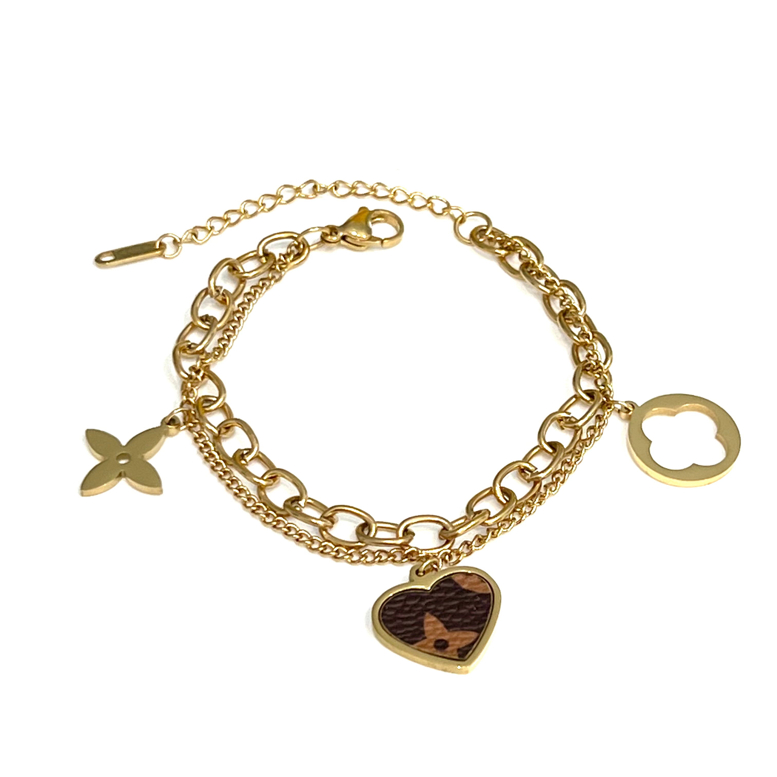 LOUIS VUITTON Monogram Flower Heart Charm Women's Silver Chain Bracelet  Designer