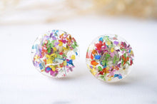 Load image into Gallery viewer, Real Dried Flowers and Resin Circle Stud Earrings in Party Mix
