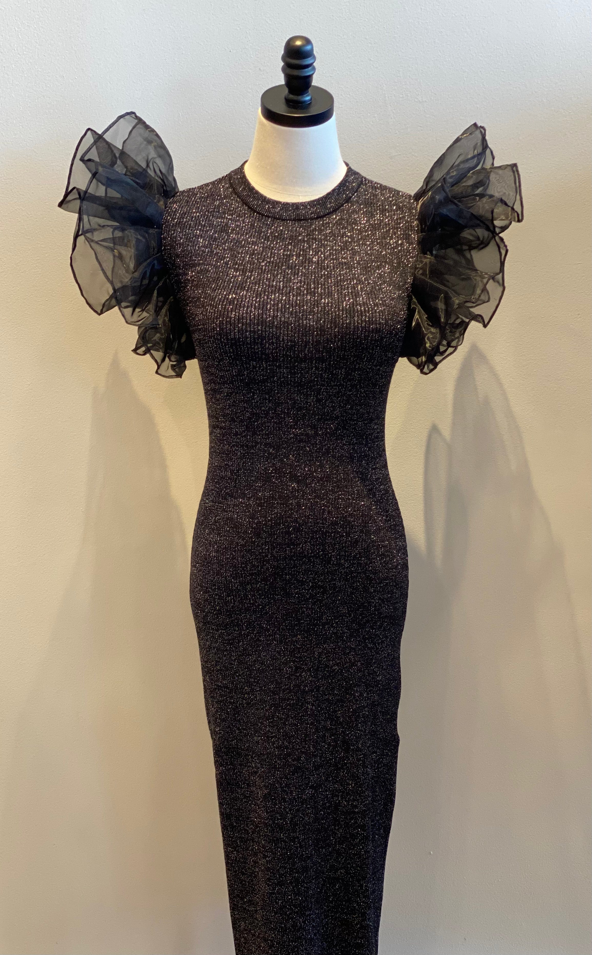 Metallic Ruffle Sleeve Midi Dress