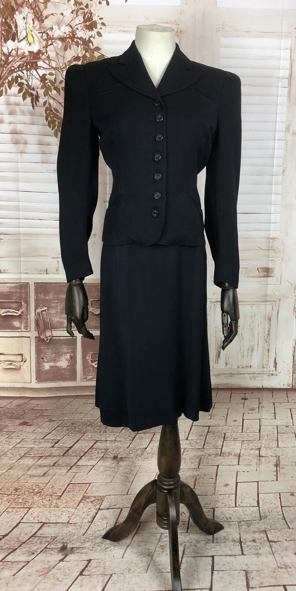 Original 1930s 30s Vintage Navy Blue Cotton Skirt Suit With Diagonal R ...