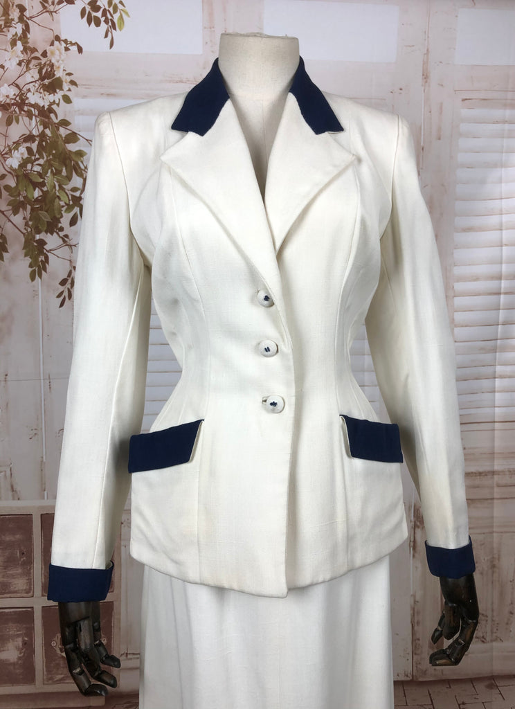 Original 1940s 40s Vintage White Summer Skirt Suit With Navy Accents B ...