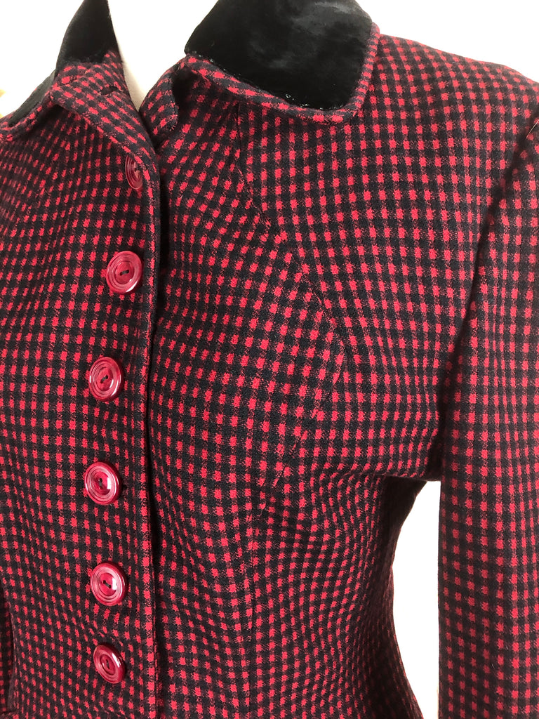 Original 1940s 40s Vintage Red And Black Check Suit With Velvet Collar ...