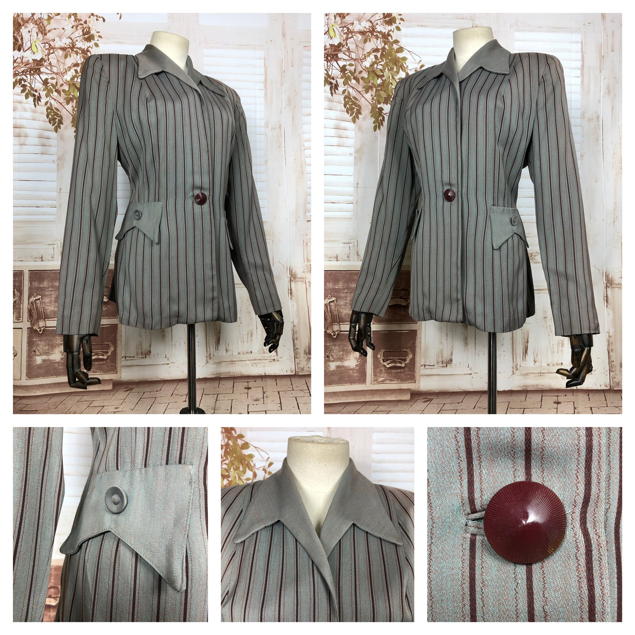 LAYAWAY PAYMENT 1 OF 2 - RESERVED FOR KELLY - Fabulous Original 1940s 40s Grey And Burgundy Striped Blazer