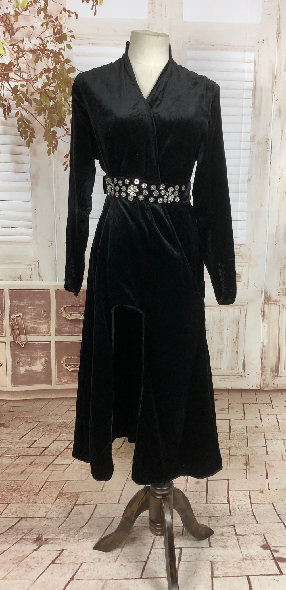 Original Vintage 1940s 40s Black Wrap Over Velvet Evening Dress With G ...