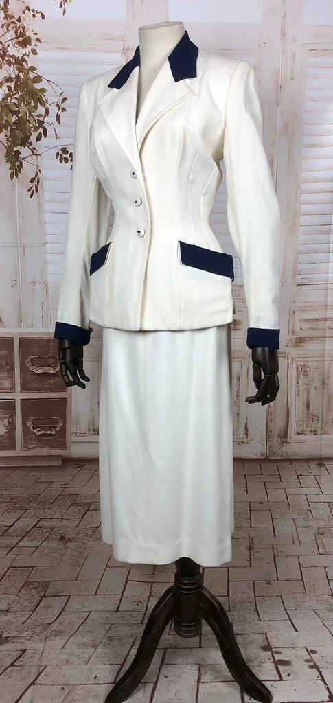 Original 1940s 40s Vintage White Summer Skirt Suit With Navy Accents B ...