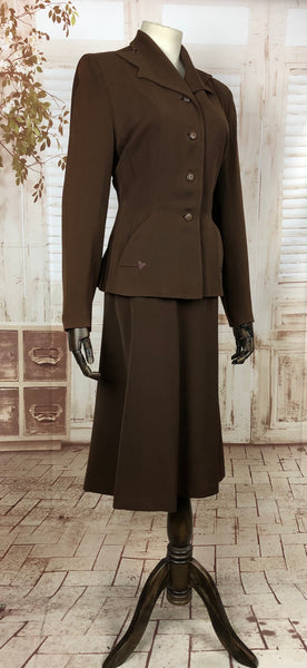 Original Vintage 1940s 40s Brown Gabardine Suit With Arrow Details