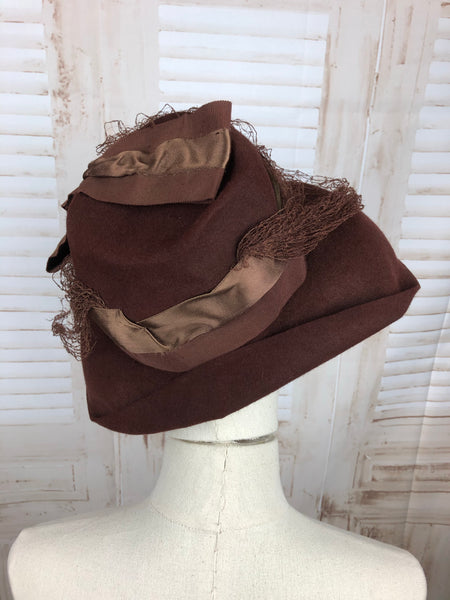 Original 1940s 40s Vintage Chocolate Brown Fedora Hat With Veil