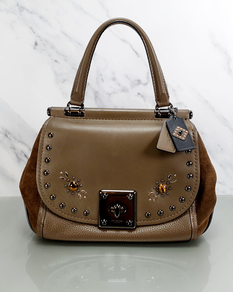 Coach Drifter Bag fatigue brown leather and suede western rivets studs