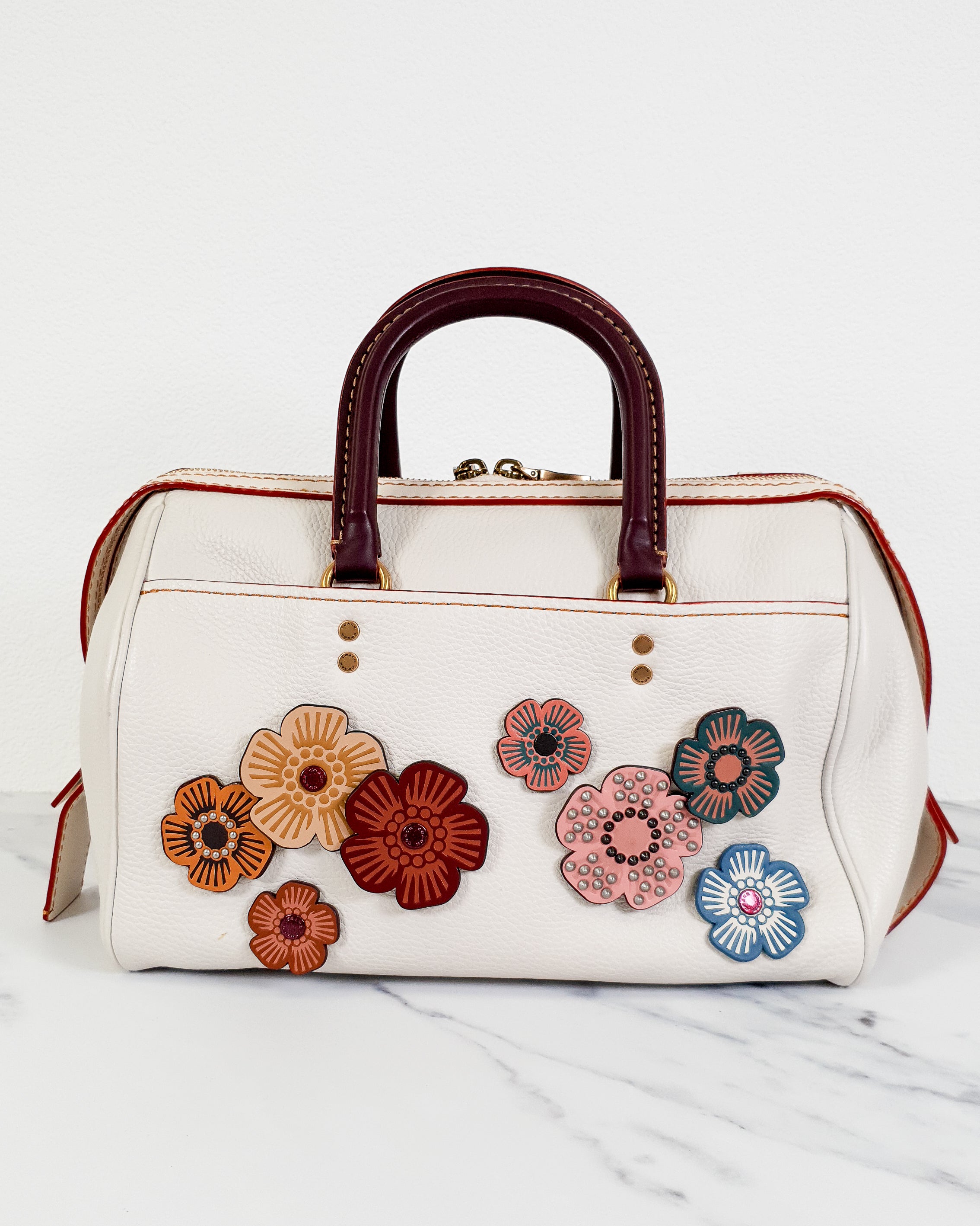 Coach 1941 Rogue Satchel in Chalk with Honey Suede and Customized Tea Roses - Barrel Bag Coach 86857