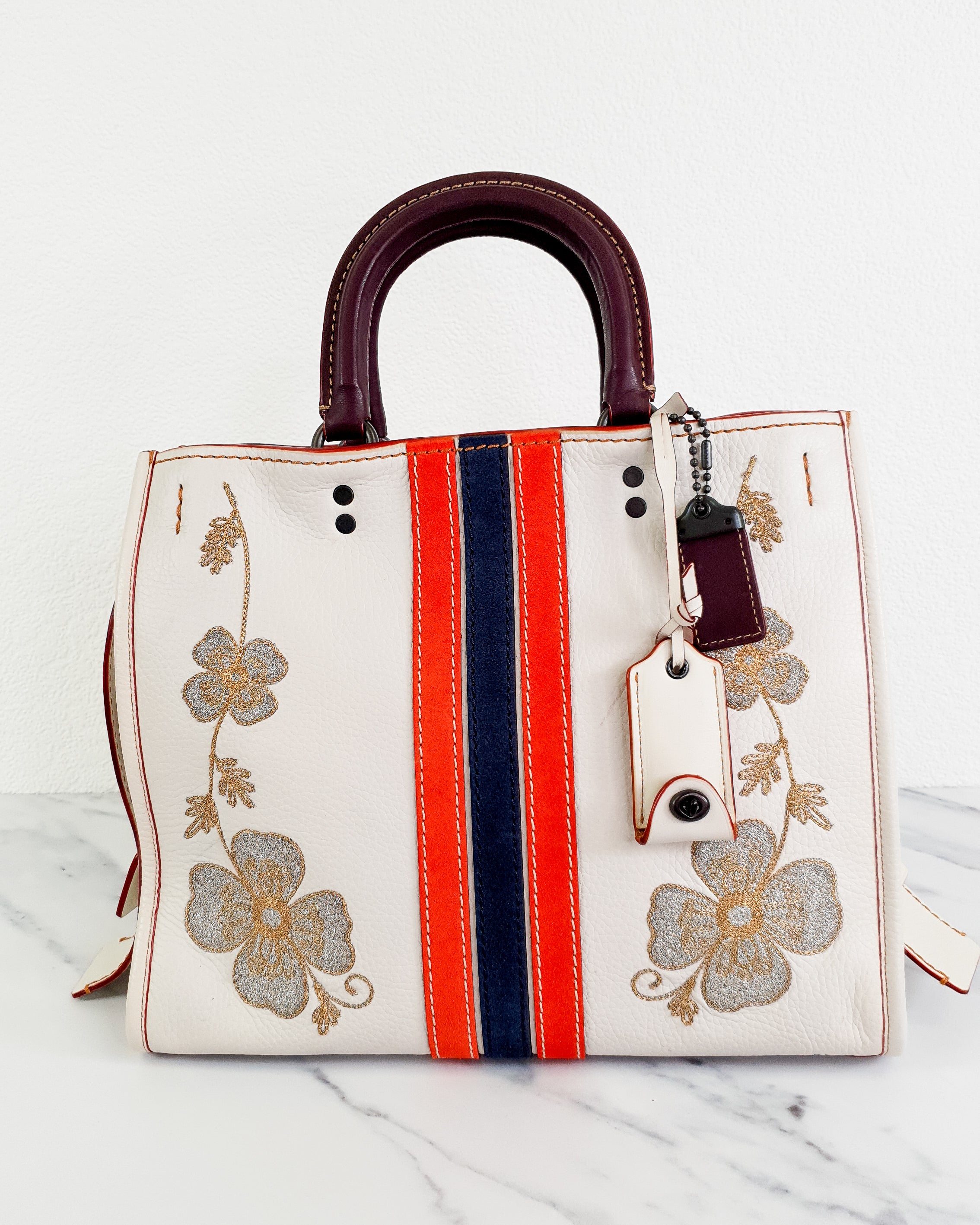 Coach 1941 Rogue 31 in Chalk with Western Embroidery Flowers & Varsity Stripe - Satchel Handbag Coach 57230