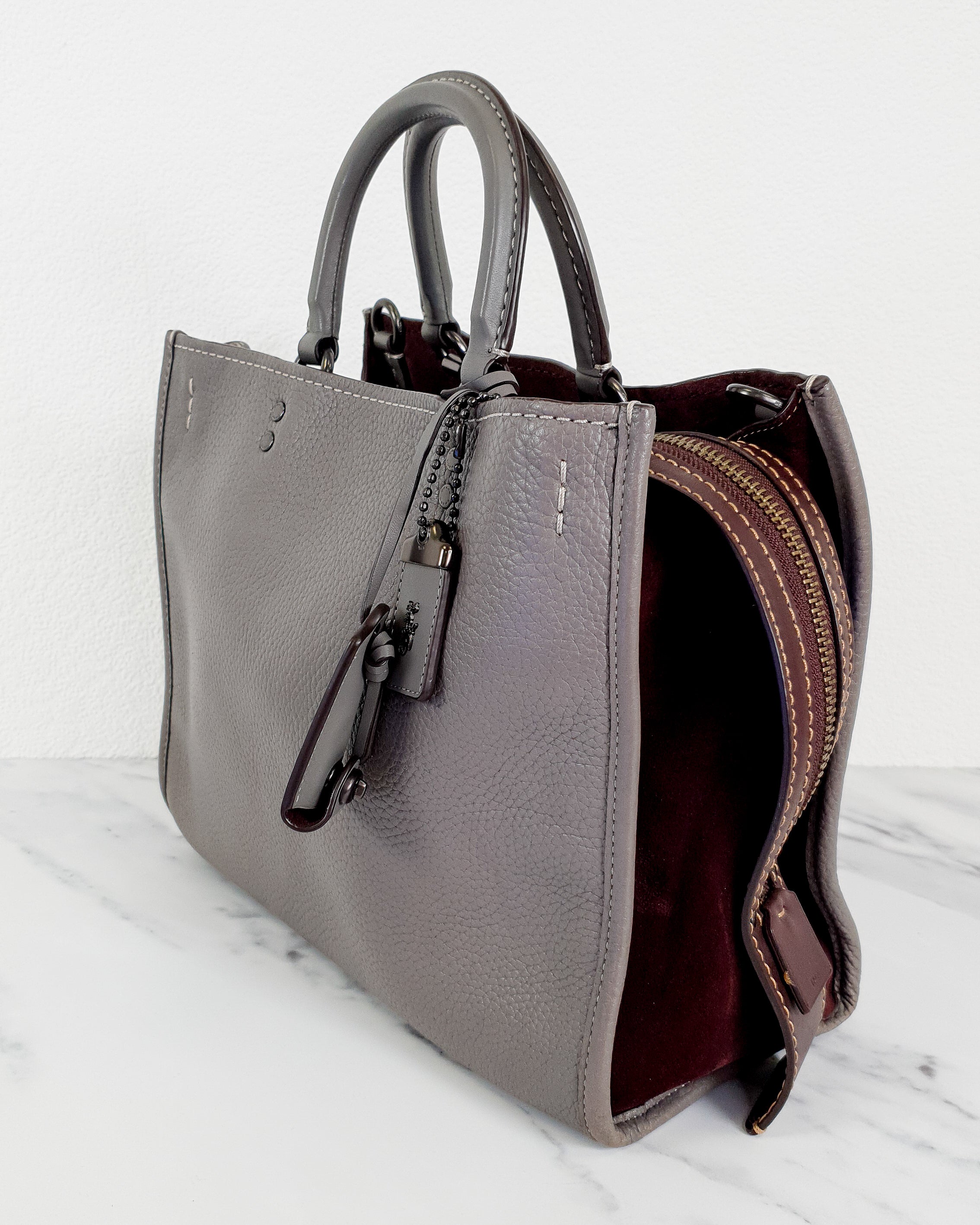 Coach 1941 Rogue 31 in Heather Grey Pebbled Leather with Oxblood Suede Sides Colorblock - Satchel Handbag - Coach 23755