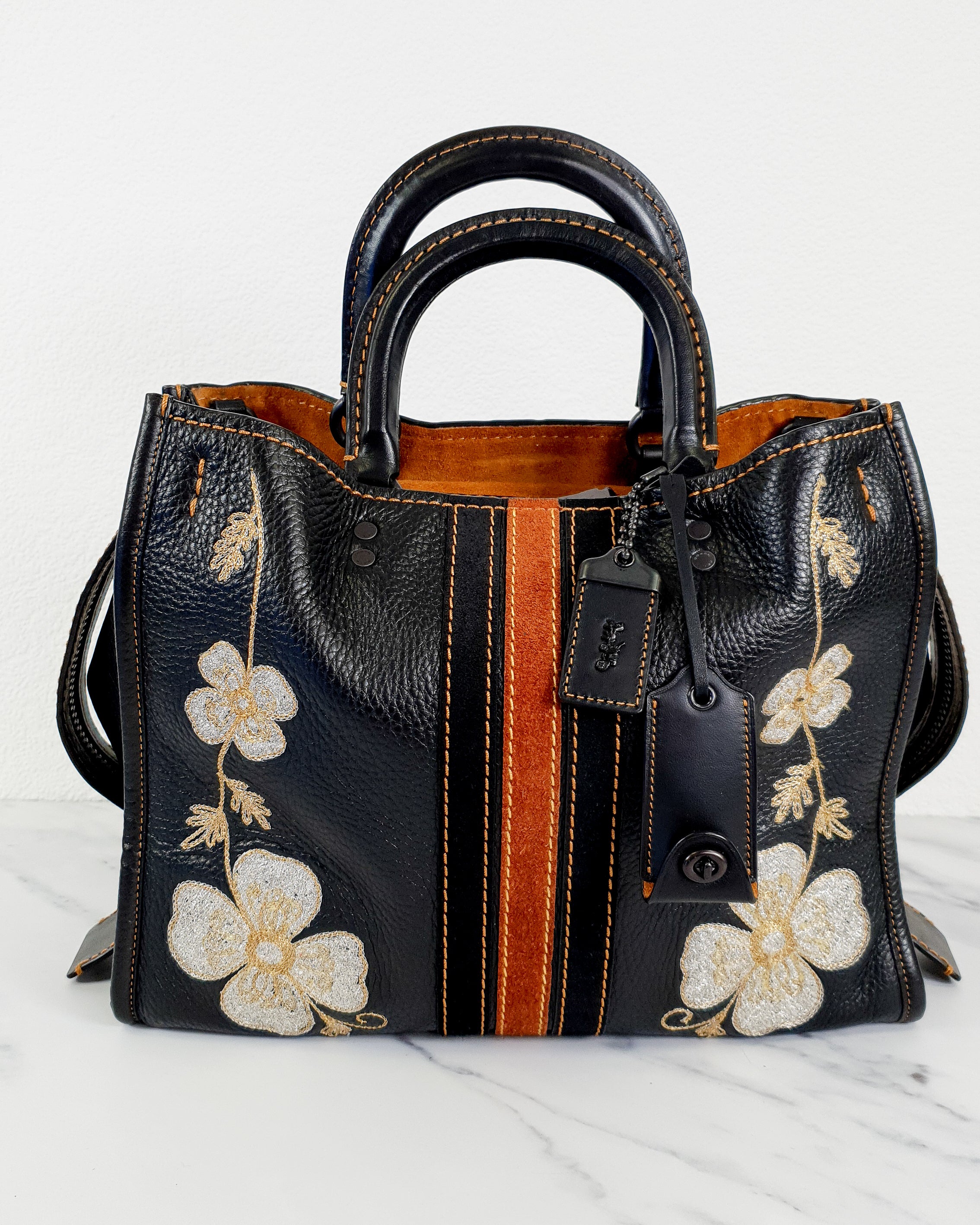 Coach 1941 Rogue 31 in Black with Western Embroidery Flowers & Varsity Stripe - Satchel Handbag Coach 57230