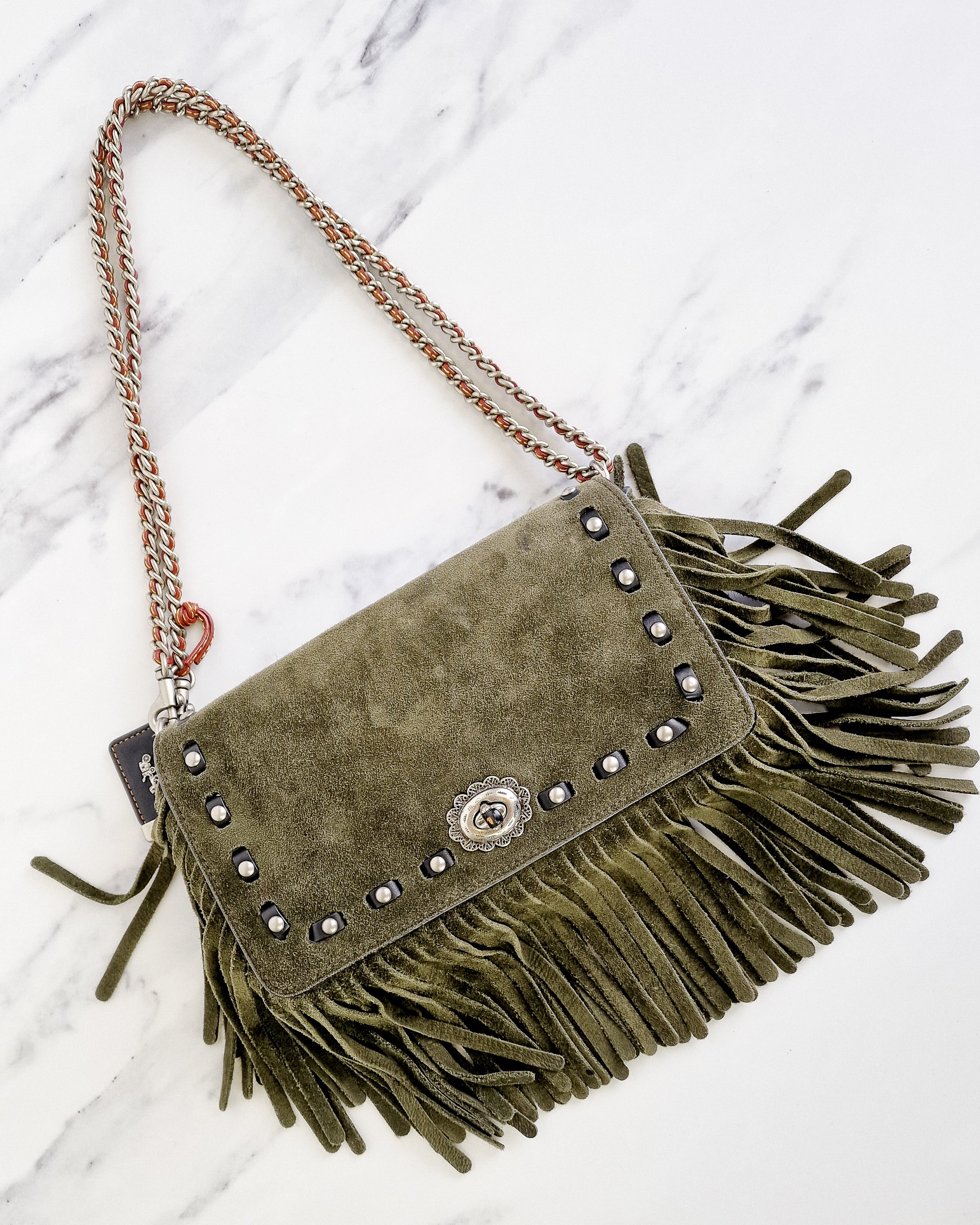 Coach 1941 Dinky in Fern Green Cervo Suede with Fringe & Light Antique Nickel Concho Turnlock - Crossbody Bag Shoulder Bag - Coach 86821