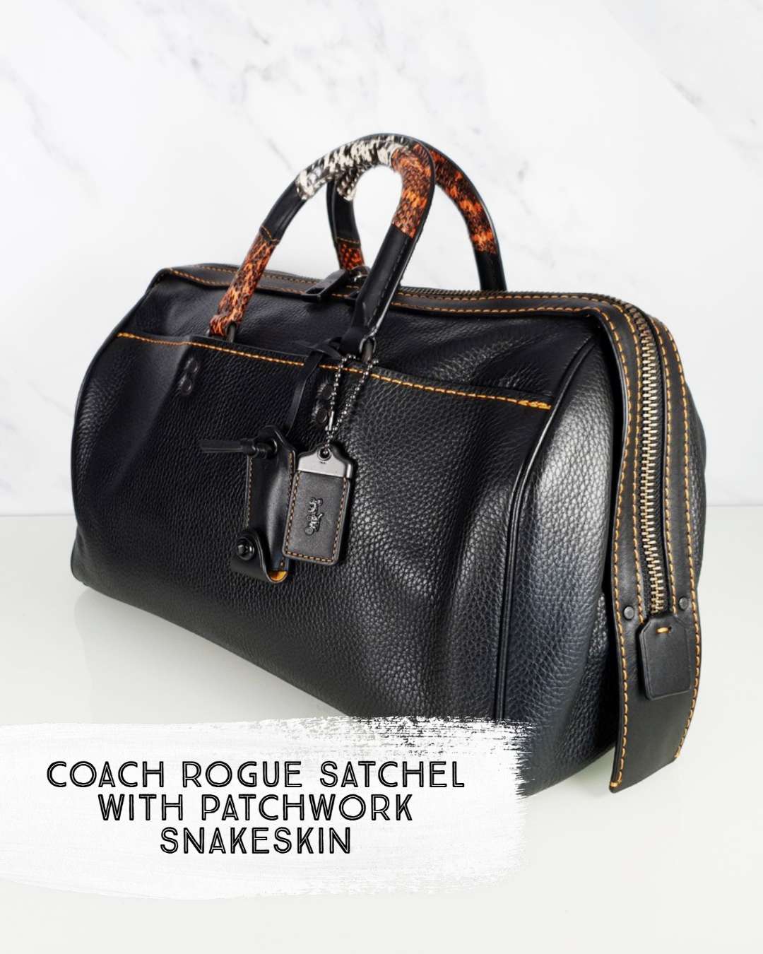 Coach Rogue Satchel in Black Pebble Leather With Patchwork Snakeskin Handle - Essex Fashion House
