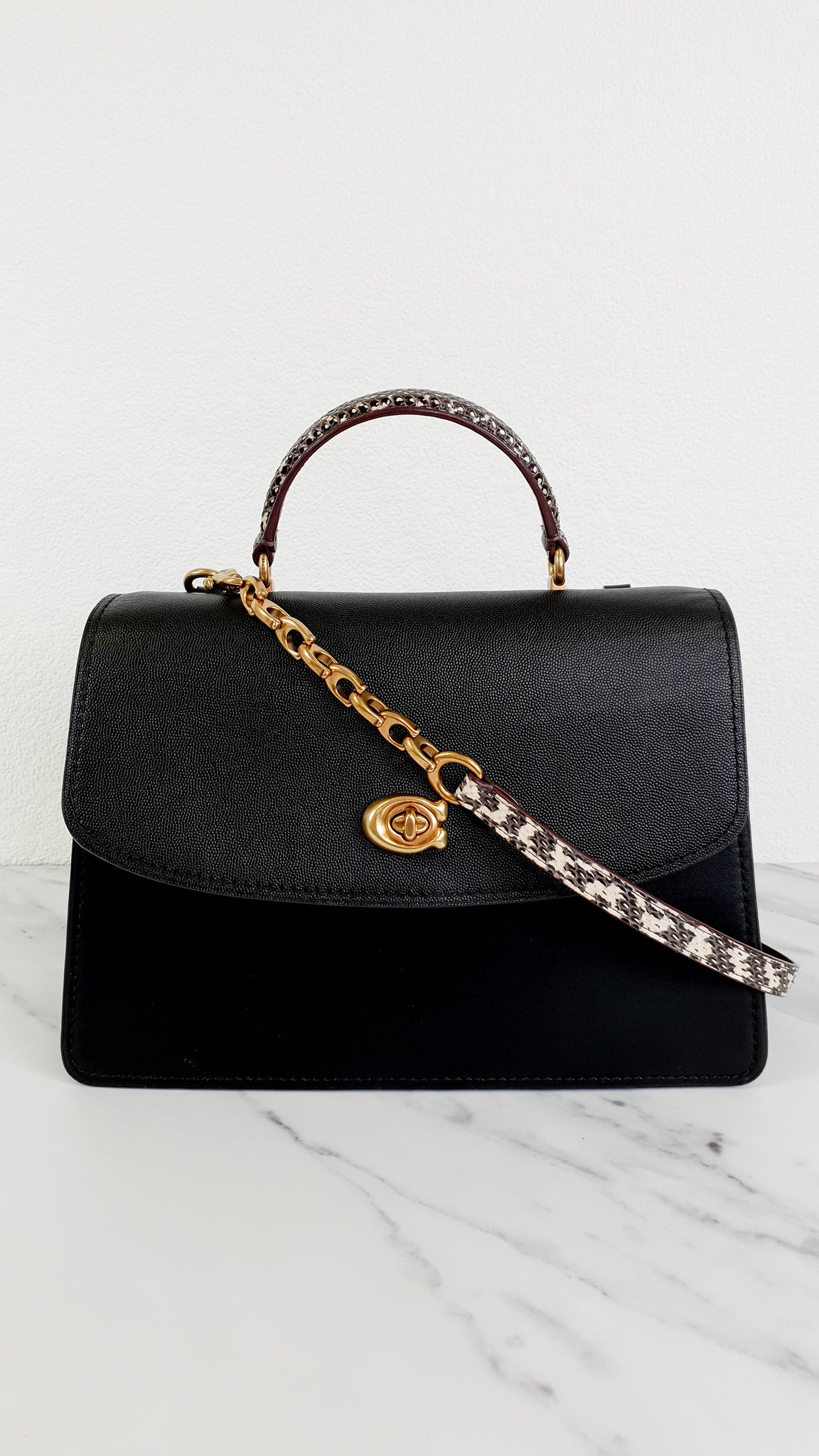 coach parker top handle 32 in colorblock with snakeskin detail