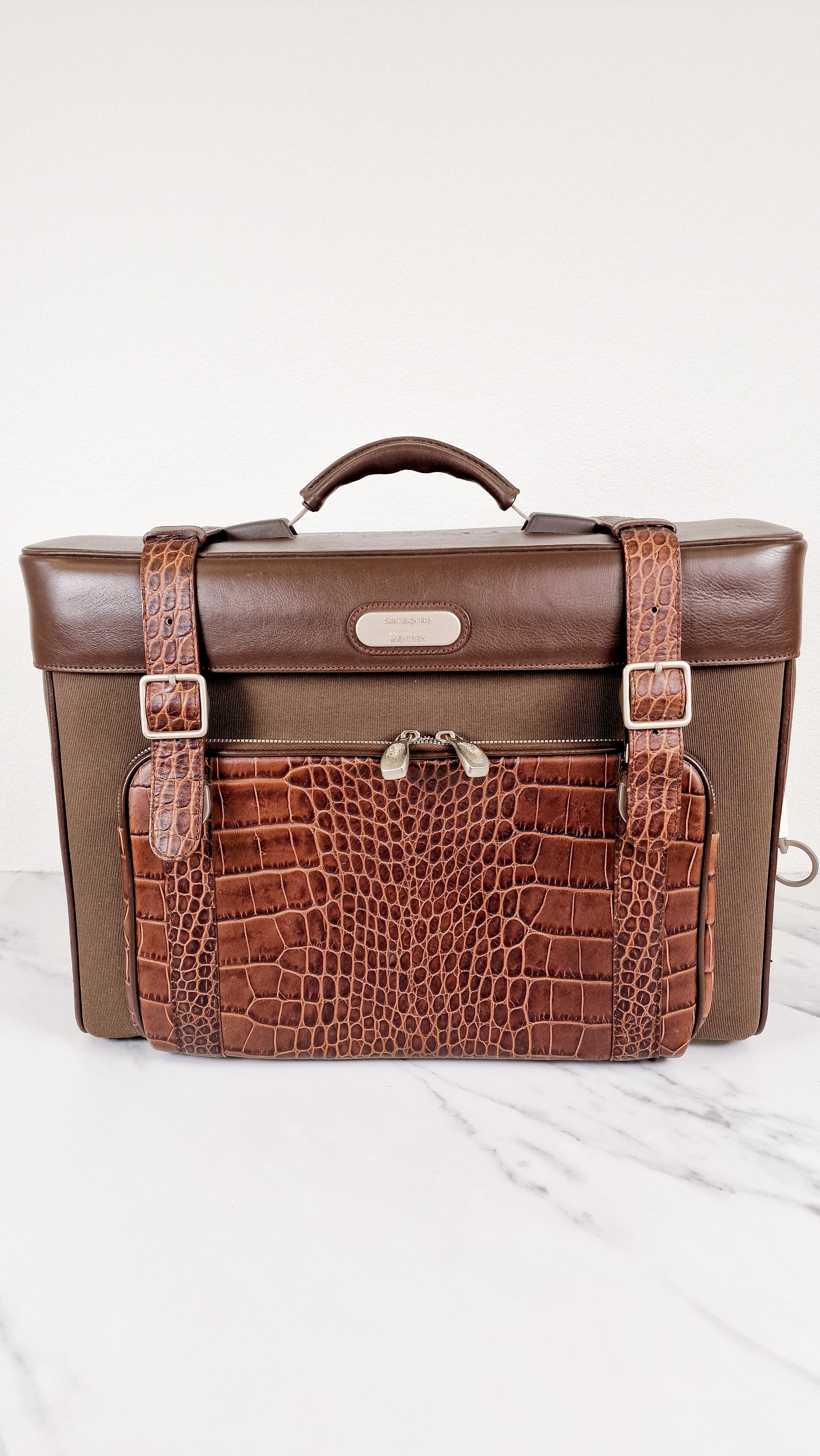 Alexander McQueen x Samsonite Travel Bag Carry-on Luggage with Croc  Embossed Brown Leather and Shoulder Strap