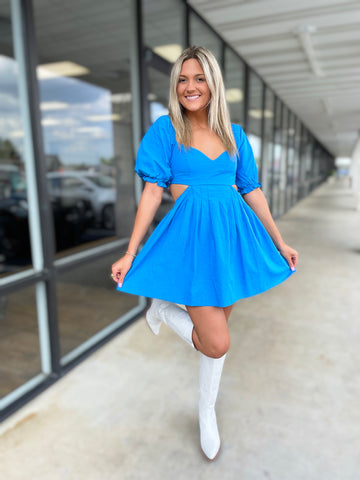 Royal Blue Mini Dress, White Heels