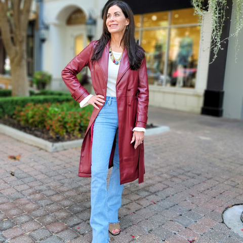 wine vegan leather trench coat