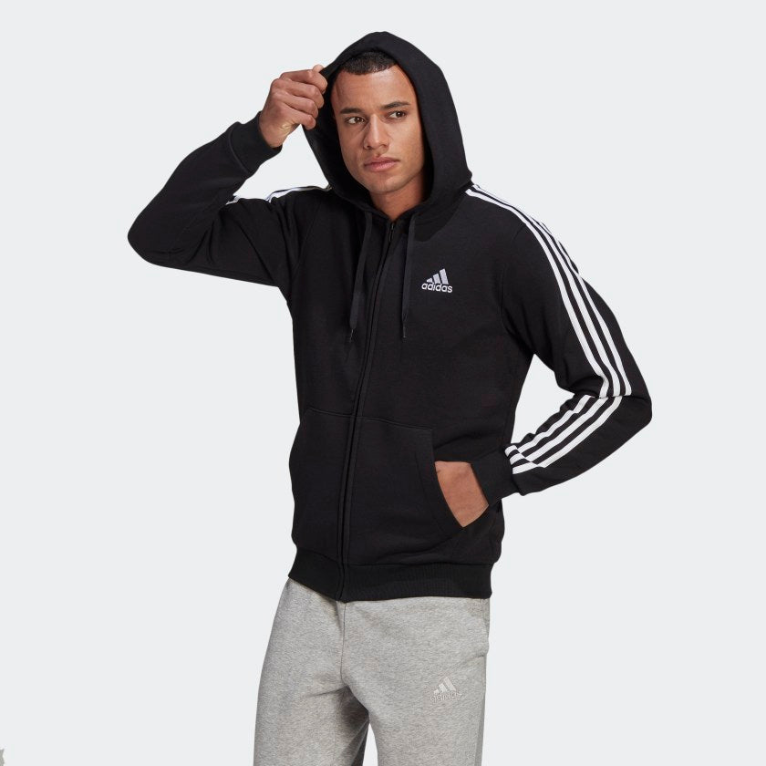 adidas ESSENTIALS FLEECE 3-STRIPES Full-Zip Hoodie | Black-White | Men |  stripe 3 adidas