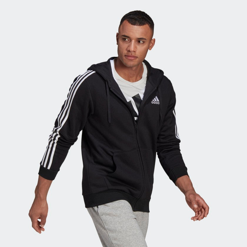 adidas ESSENTIALS FLEECE 3-STRIPES Full-Zip Hoodie | Black-White | Men |  stripe 3 adidas