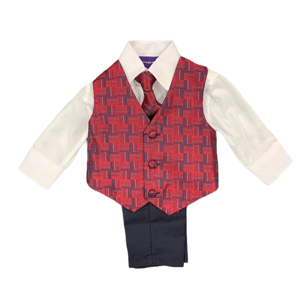 Boys 3PC Suit Gray Deer Vest Red Plaid Shirt Navy Dress Pants Outfit 4