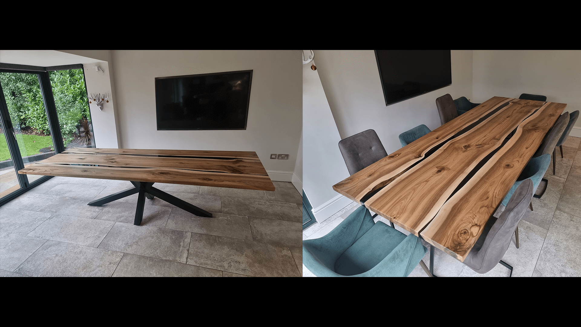 10-seater table made of walnut and black transparent resin