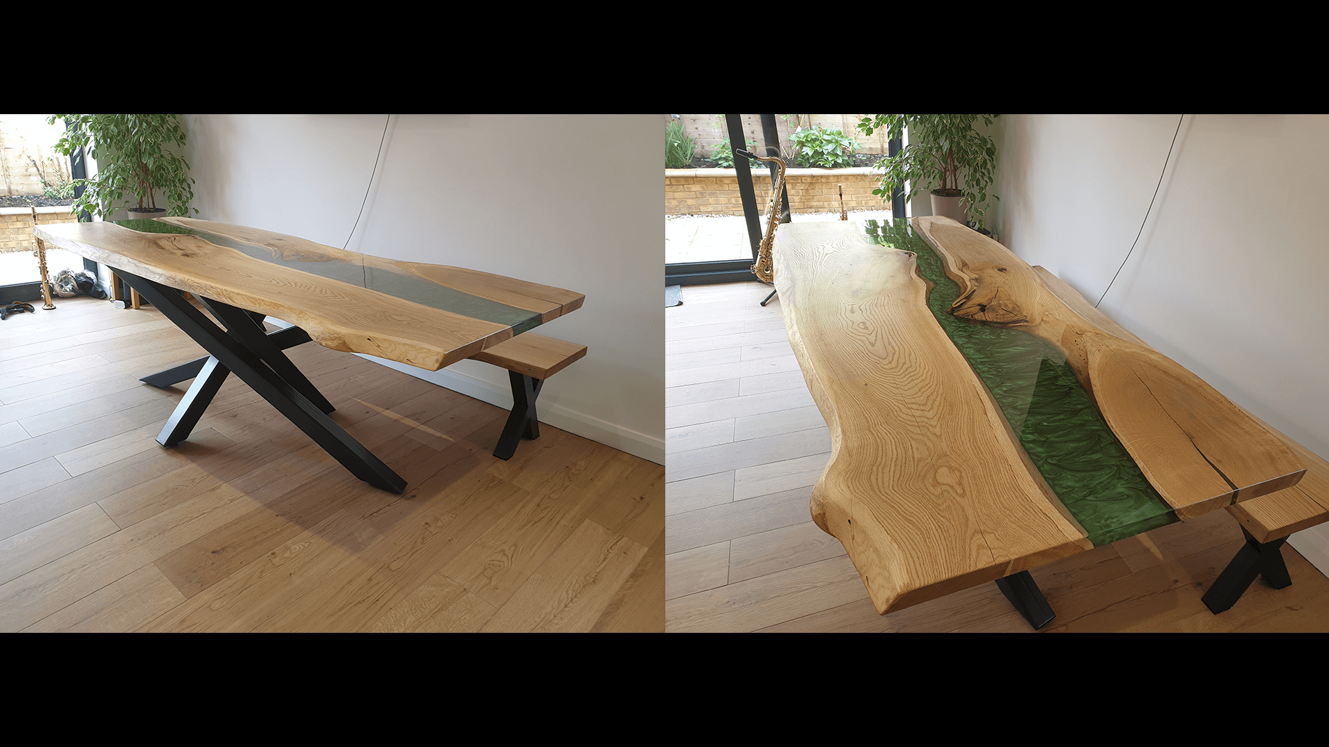 8-seater green and clear resin oak table on a crossed style base