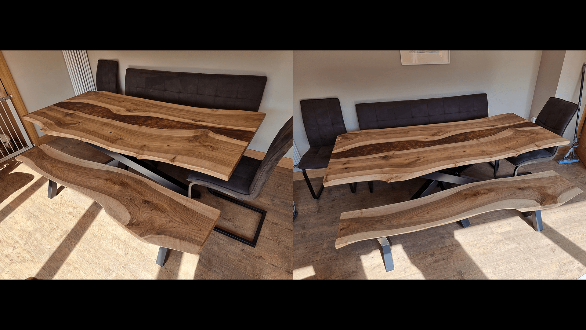 8-seater live edge table made of walnut and mixed resin in gold and copper with a crossed base.