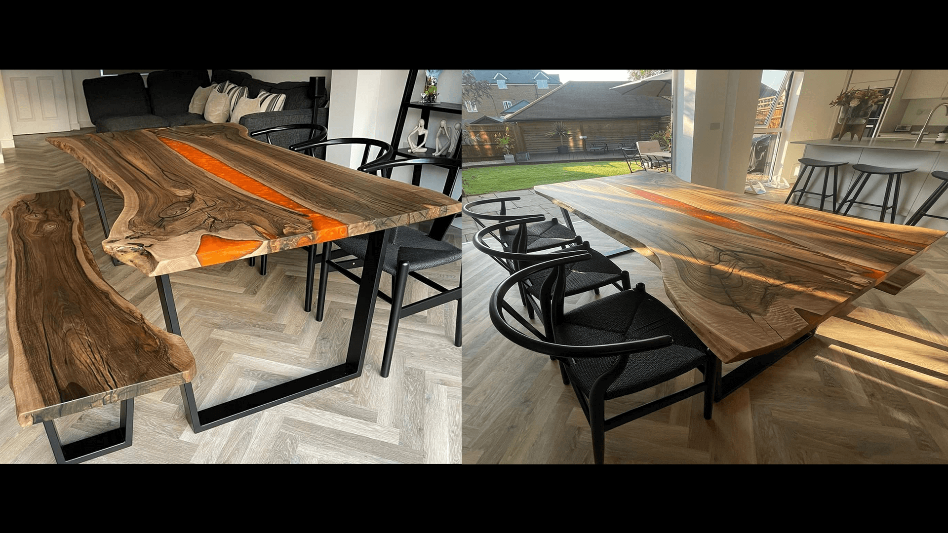 8-seater live edge table made of walnut and resin in lava colour with matching bench